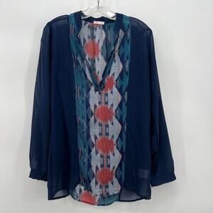 VTG Y2K Women's Blouse Blue Shirt Tribal Boho Western Aztec Design Lightweight
